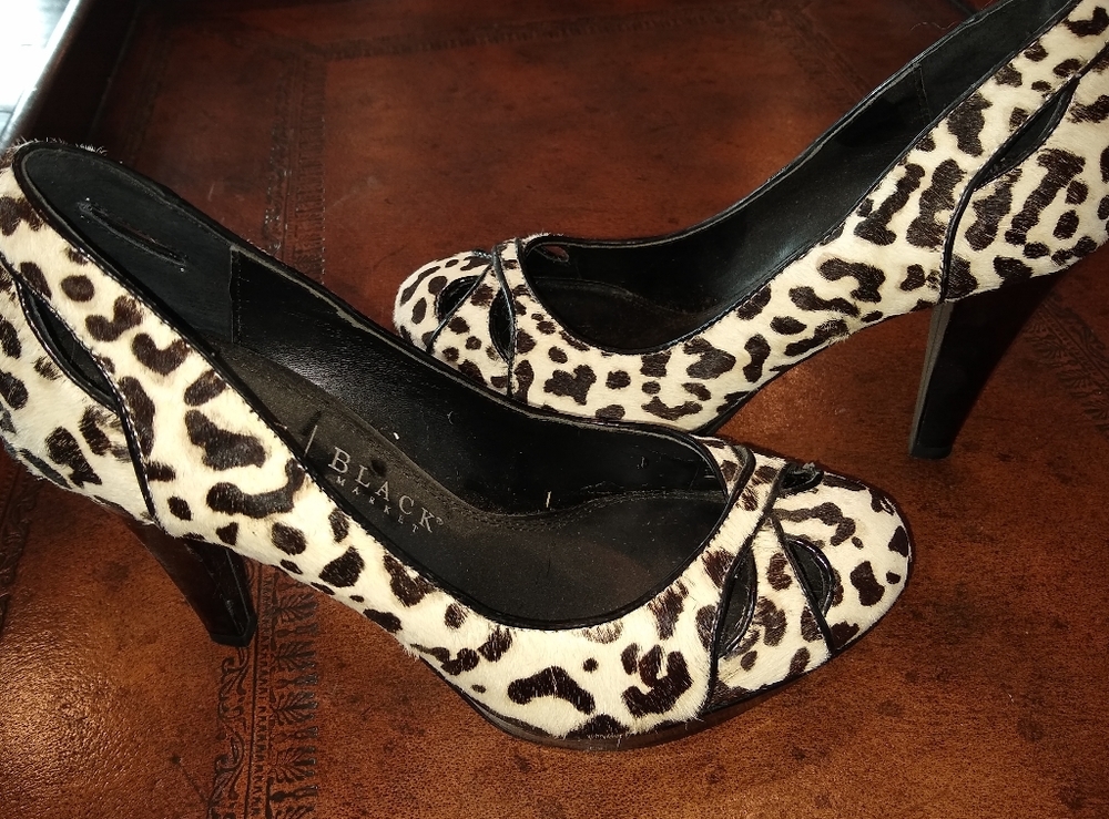White & Black Leopard Print High Heels Size 6